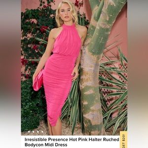 Lulus Irresistible Presence Hot Pink Halter Ruched Bodycon Midi Dress